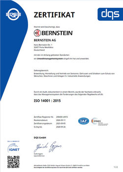 BERNSTEIN Nachhaltigkeit: ISO 14001 Zertifikat der Firma BERNSTEIN