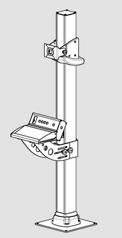 Konfiguration: Standsäule mit drehbarem Standfuß, neigbarem VESA-Halter, Tastaturhalter flex mit Bedienkonsole und Tastaturablage 2: Zeichnung einer Beispielkonfiguration des CS-4000 neXt