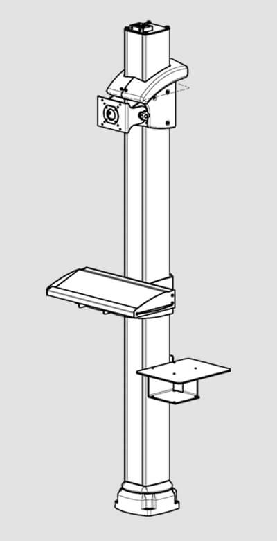 Konfiguration: Standsäule mit drehbarem Standfuß, neigbarem VESA-Halter, starrem Tastaturhalter und Universalablage 3: Zeichnung einer Beispielkonfiguration des CS-4000 neXt