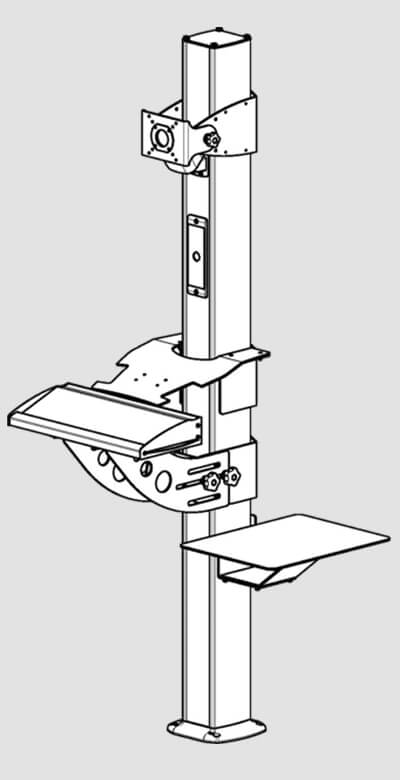 Konfiguration: Standsäule mit drehbarem Standfuß, neigbarem VESA-Halter, Sonderblechablage und Universalablage 4: Zeichnung einer Beispielkonfiguration des CS-4000 neXt