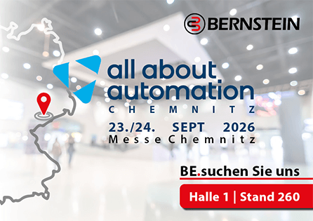 Titelbild all about automation Chemnitz mit Datum, Ort und BERNSTEIN Standinfos