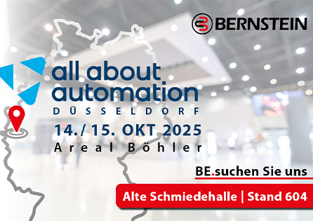 Titelbild all about automation Düsseldorf mit Datum, Ort und BERNSTEIN Standinfos