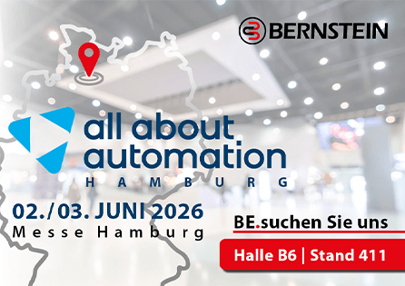 Titelbild all about automation Hamburg mit Datum, Ort und BERNSTEIN Standinfos
