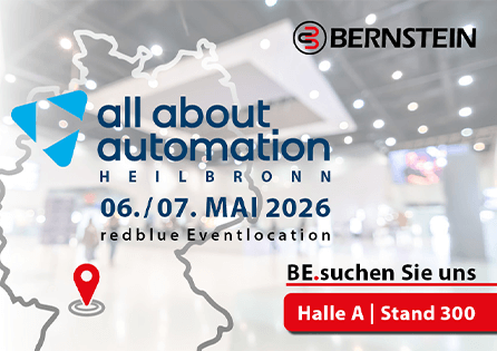 Titelbild all about automation Heilbronn mit Datum, Ort und BERNSTEIN Standinfos