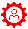 Rotes Icon in Form eines Zahnrads mit einer Person in der Mitte