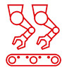 [Übersetzen nach: Englisch] Rotes Icon in Form von zwei Maschinenarmen über einem Fließband