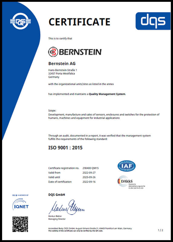 BERNSTEIN sustainability: ISO 9001 certificate of the company BERNSTEIN