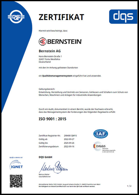 BERNSTEIN Nachhaltigkeit: ISO 9001 Zertifikat der Firma BERNSTEIN
