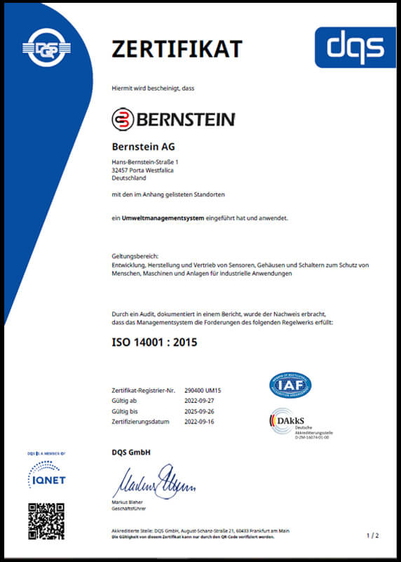 BERNSTEIN Nachhaltigkeit: ISO 14001 Zertifikat der Firma BERNSTEIN